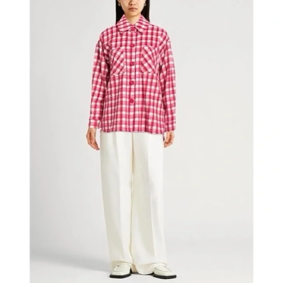 Lili Sidonio Red Pink and White Plaid Shirt Jacket M - Picture 1 of 10